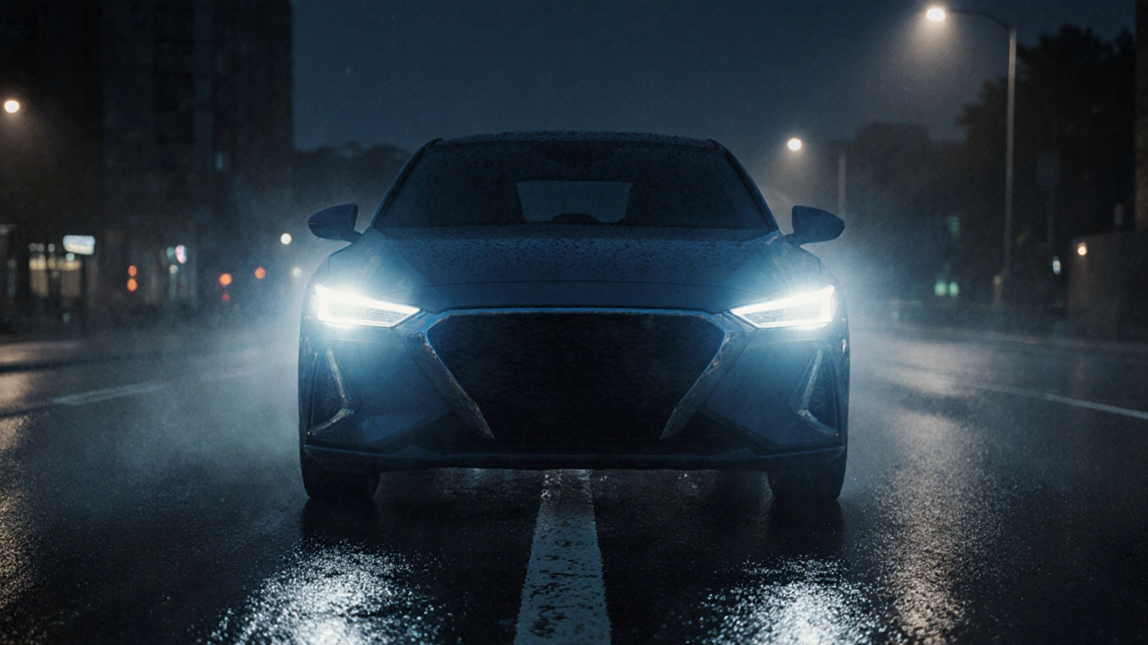 Автомобиль ночью с яркими LED фарами, освещает дорогу.