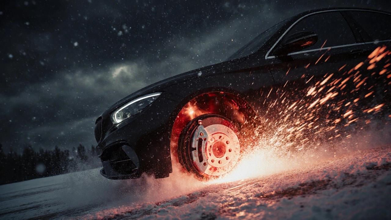 Автомобиль тормозит на льду, тормозной диск раскалён и треснул от перегрева.