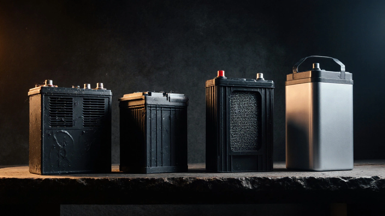 Четыре разных типа автомобильных батарей, расположенные рядом на столе в мастерской.