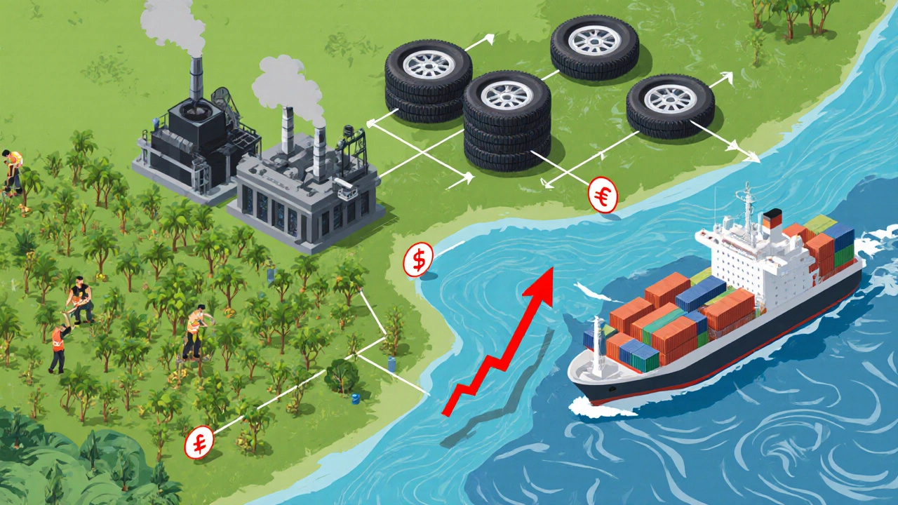 Изометрическая иллюстрация глобальной цепочки поставок шин от плантаций до порта