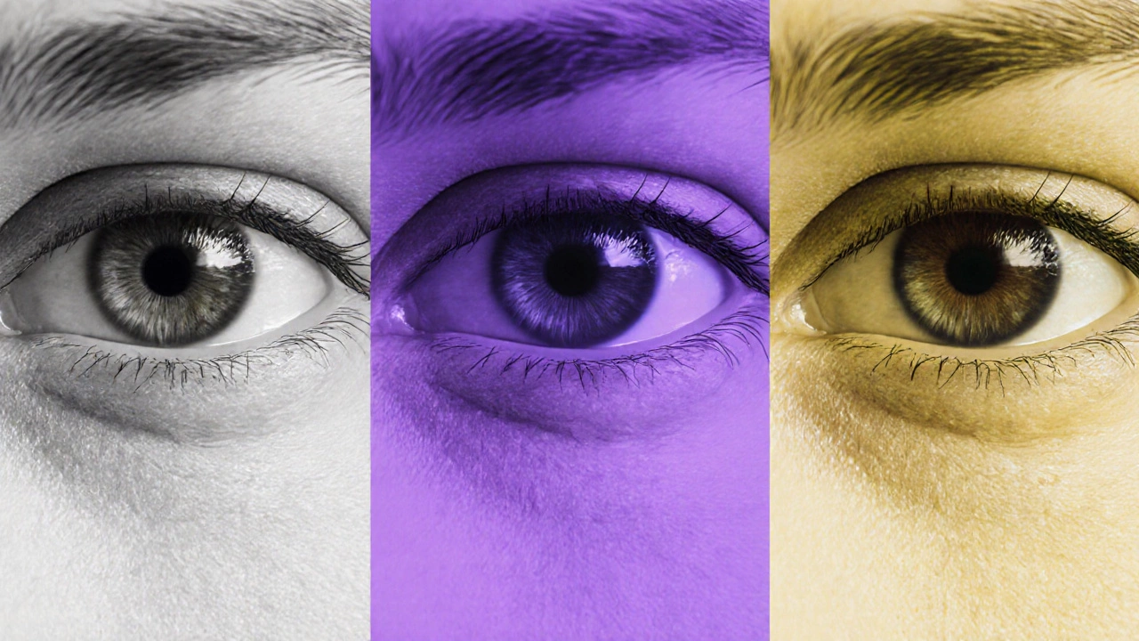 Концептуальное изображение глаза, видящего дорогу через три типа света: естественный дневной, фиолетовый и жёлтый — с акцентом на различия в восприятии.
