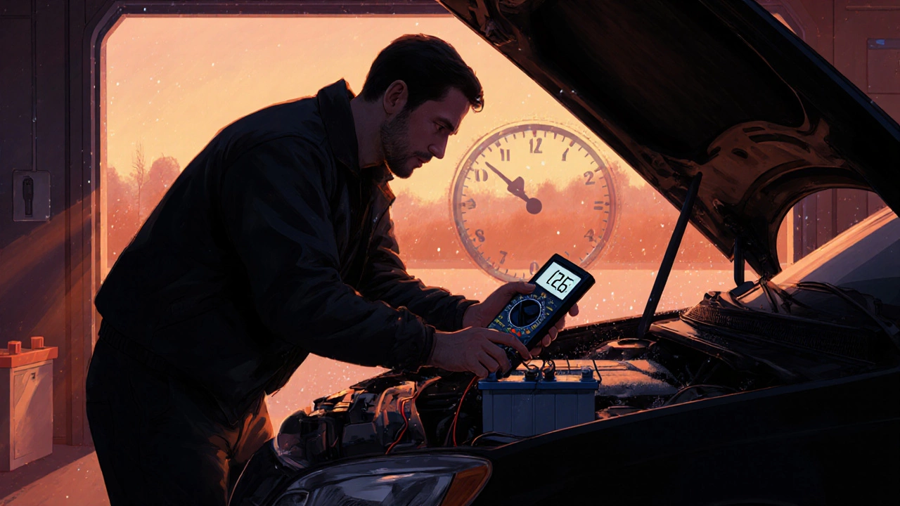 Механик проверяет напряжение аккумулятора в гараже, фон с часами и морозом.