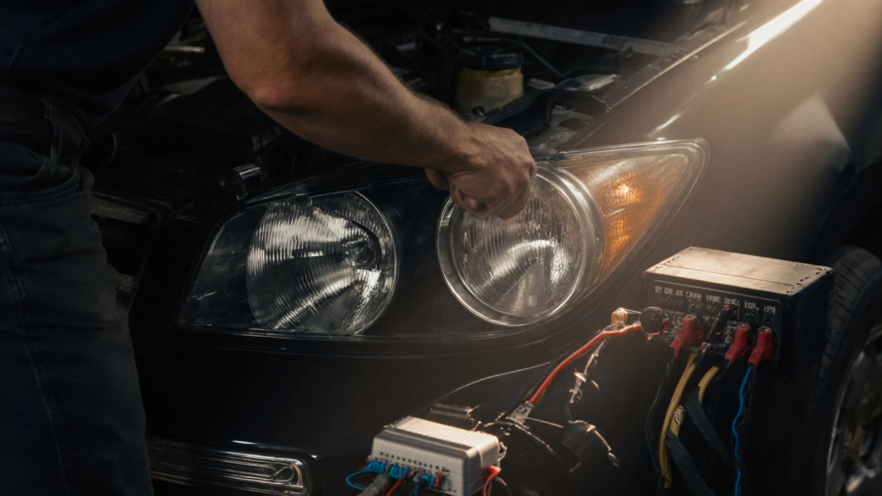 Механик устанавливает LED контроллер и радиатор в фару автомобиля.