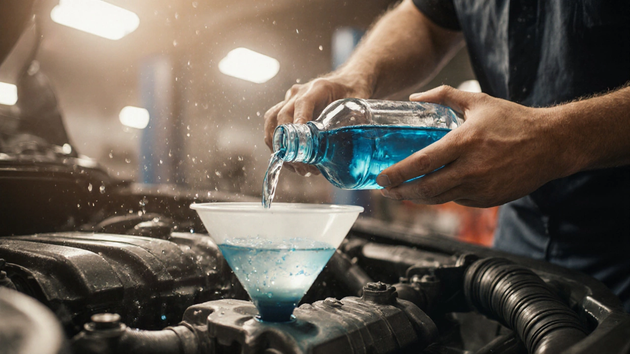 Механик заливает синее средство в картер масляного фильтра.