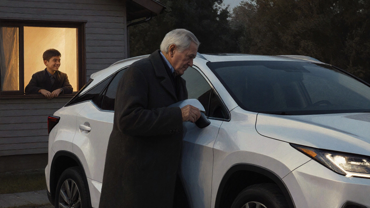 Мужчина закрывает дверь белого Lexus RX, его сын смотрит из окна, атмосфера спокойной зрелости.
