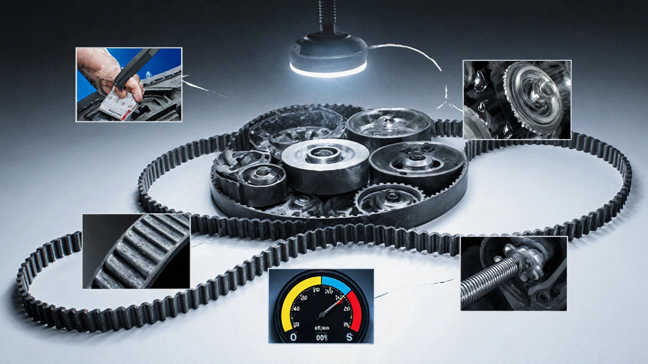 Пять мини‑сцен, показывающих причины износа ремня ГРМ вокруг центрального ремня.
