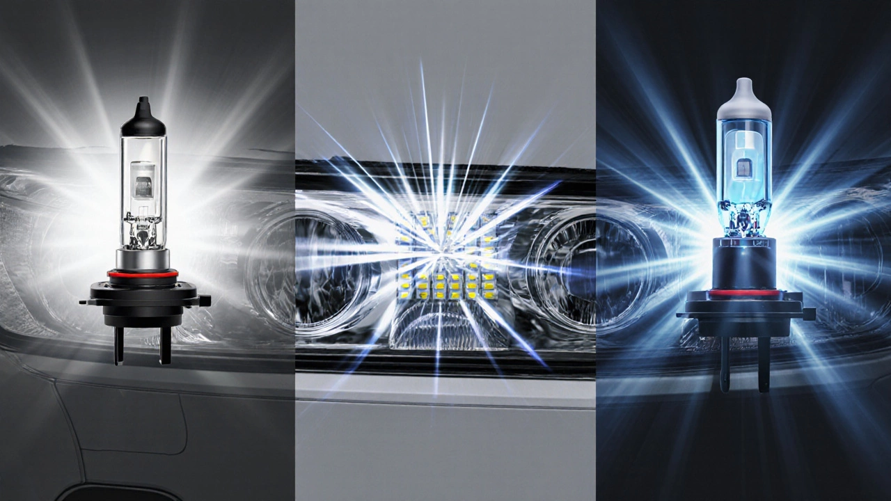 Техническая иллюстрация трёх типов автомобильных ламп: ксеноновых, светодиодных и галогеновых, с различными цветовыми температурами и паттернами света.