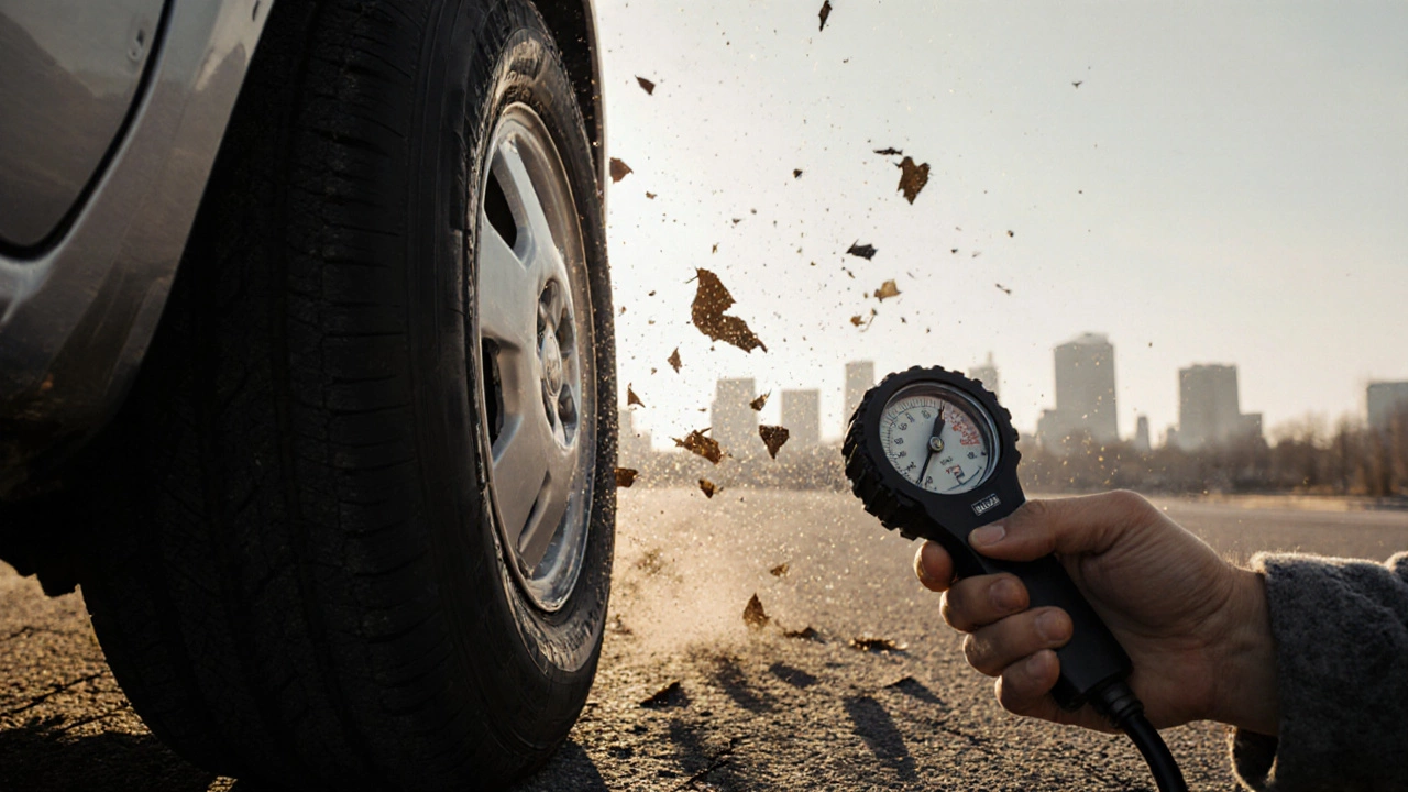 Водитель проверяет давление в шинах весной, зимние шины еще на машине, на фоне города Самара.
