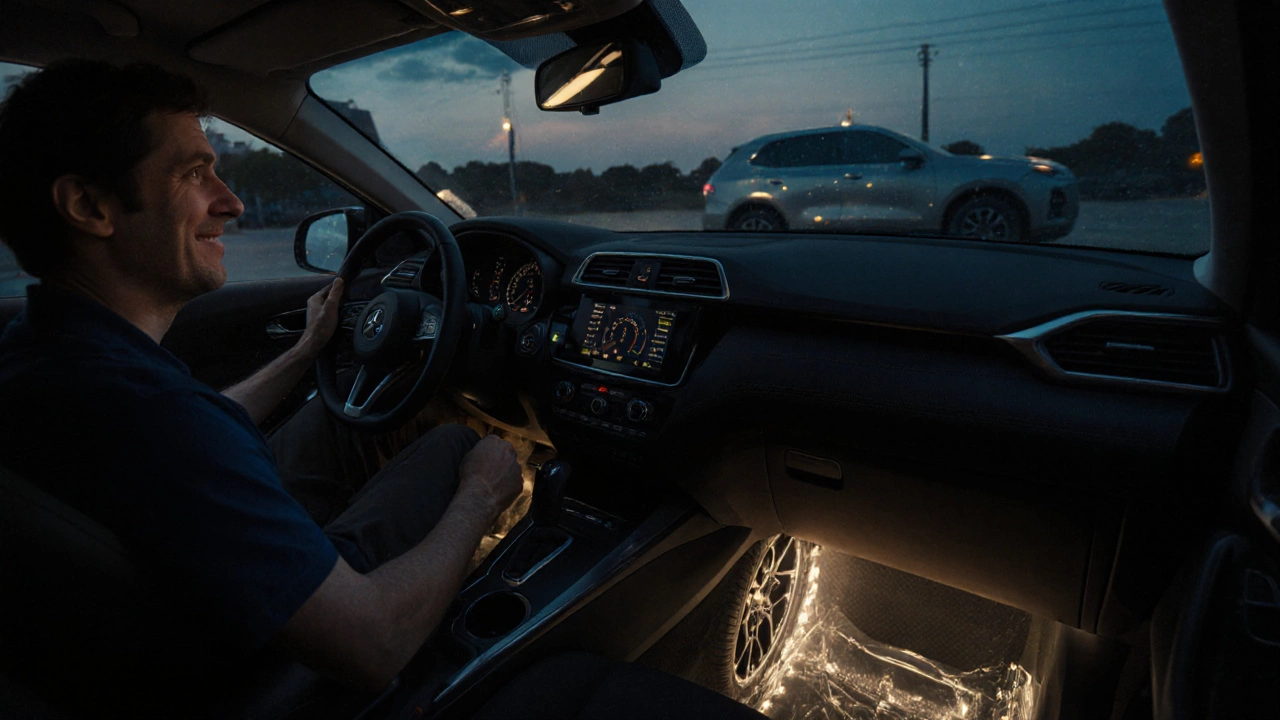 Водитель в салоне автомобиля с подсветкой подножек, после полного техобслуживания на 100 тысячах км.