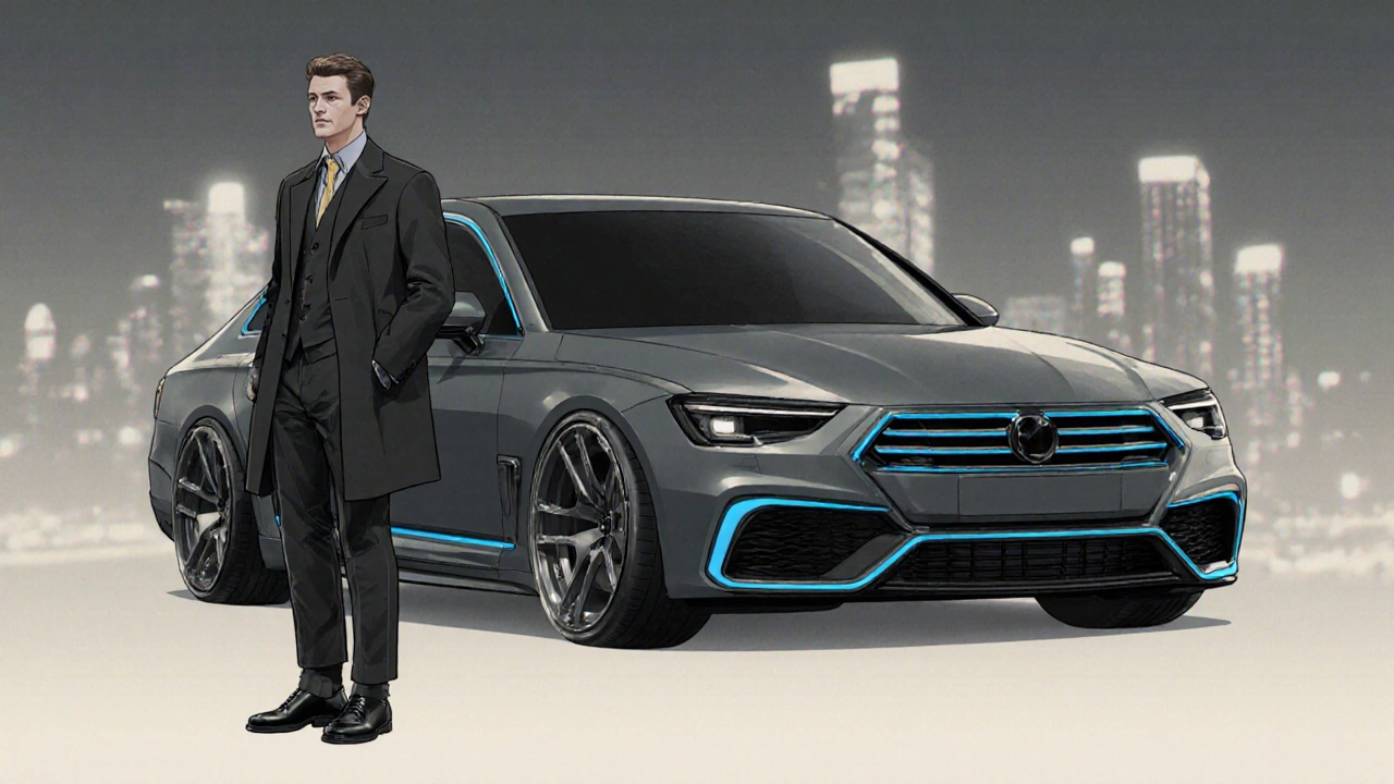 Автомобиль, визуализированный как человек в стильной одежде, с акцентами на дисках, светодиодной подсветке и решетке радиатора.