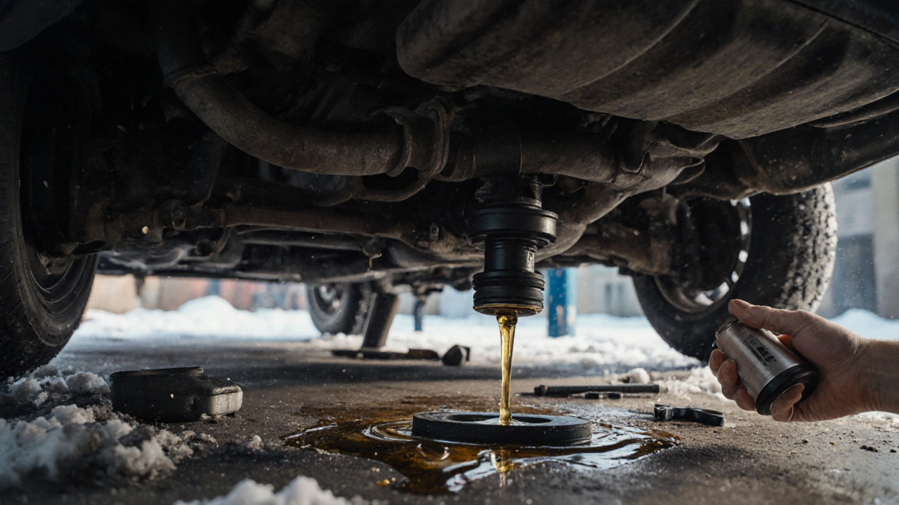 Ближний план поддона двигателя: замена прокладки и воздухофильтра, разлитое масло на бетоне.