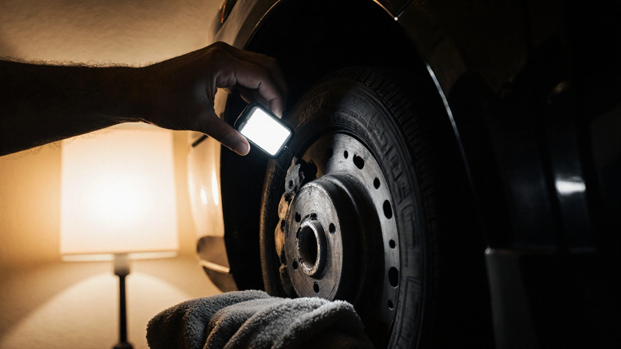 Человек с зеркалом проверяет тормозные колодки на стоянке, не снимая колесо.