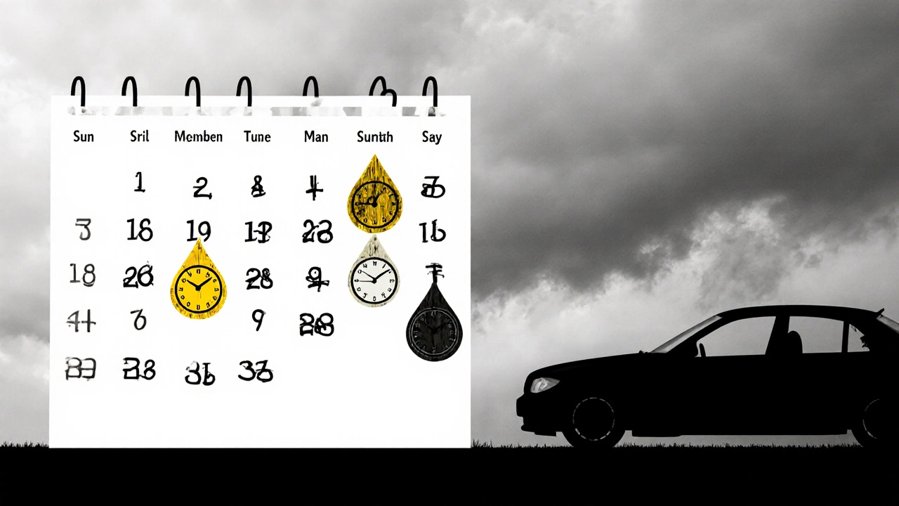 Календарь с масляными каплями, меняющими цвет от жёлтого до чёрного, рядом с автомобилем.