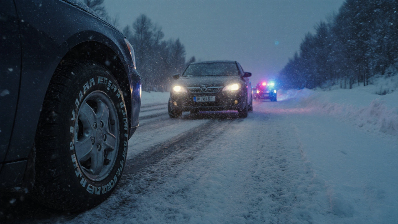Машина с сертифицированными шинами едет по заснеженной дороге, а другая теряет управление на льду при приглушенном свете полицейских огней.