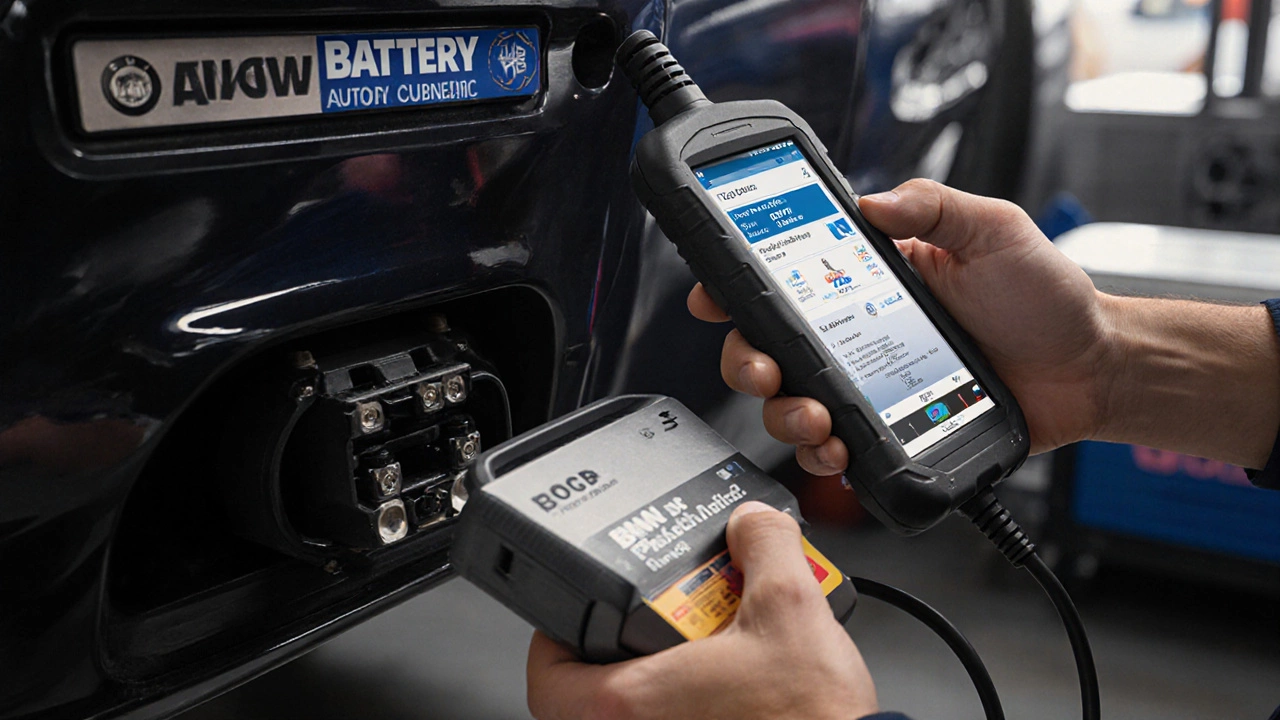 Механик подключает диагностический сканер к автомобилю BMW X3 с новым AGM-аккумулятором в руке.