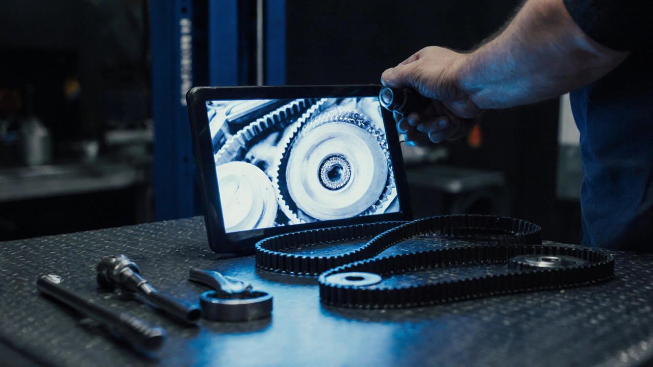 Механик проверяет ремень ГРМ с помощью эндоскопа в моторном отсеке