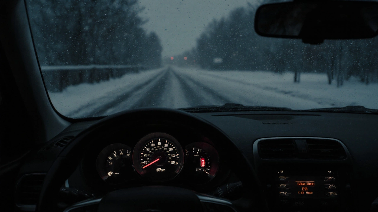 На приборной панели горит лампочка давления масла, за окном мороз, двигатель на холостых.
