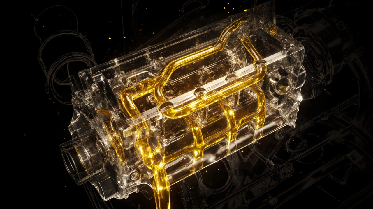 Прозрачный двигатель с потоками масла, показывающими циркуляцию смазки по внутренним узлам.