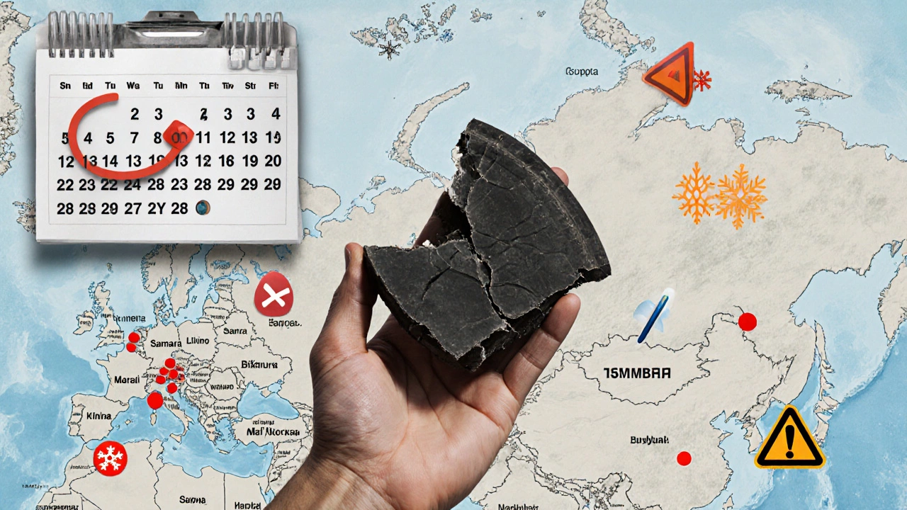 Разбитый кусок резины над картой России с предупреждающими символами и календарем, переходящим в ноябрь.