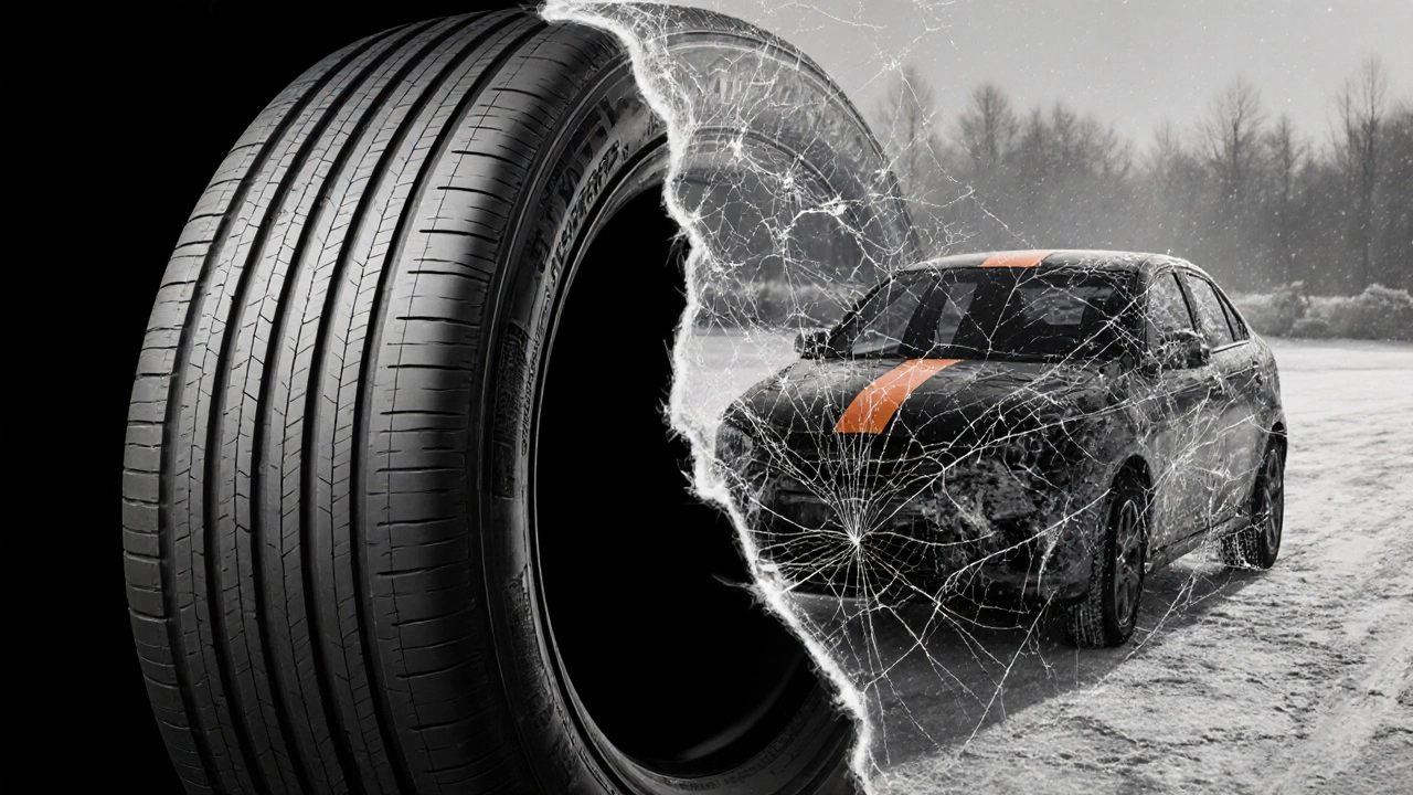 Разделенное изображение: новая шина Hankook слева, старая с трещинами и потерей эластичности справа.