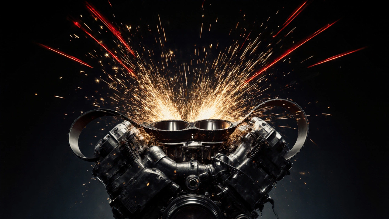 Разрушенный ремень ГРМ вызывает столкновение клапанов и поршней в двигателе