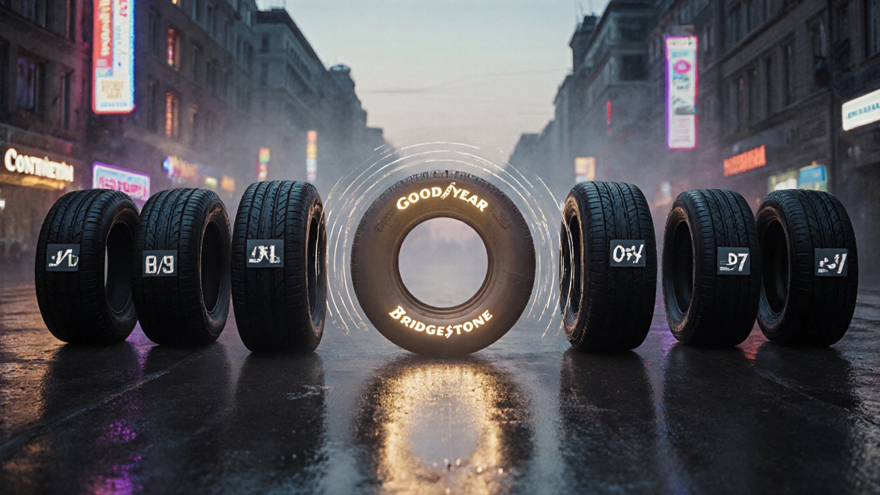 Семь тихих шин на мокрой улице, каждая с уровнем шума, одна выделяется.