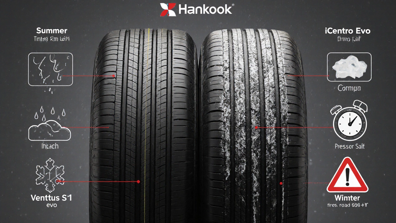 Сравнение летней и зимней шин Hankook: одна с равномерным износом, другая — поврежденная реагентами.