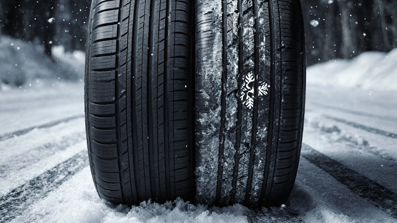 Сравнение настоящей и поддельной шины: одна с сертификацией E и снежинкой, другая с поврежденной резиной и бледной маркировкой.