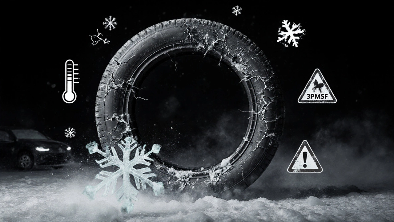 Трещины на шине с символами холодной погоды и предупреждениями, одна снежинка светится в тумане.