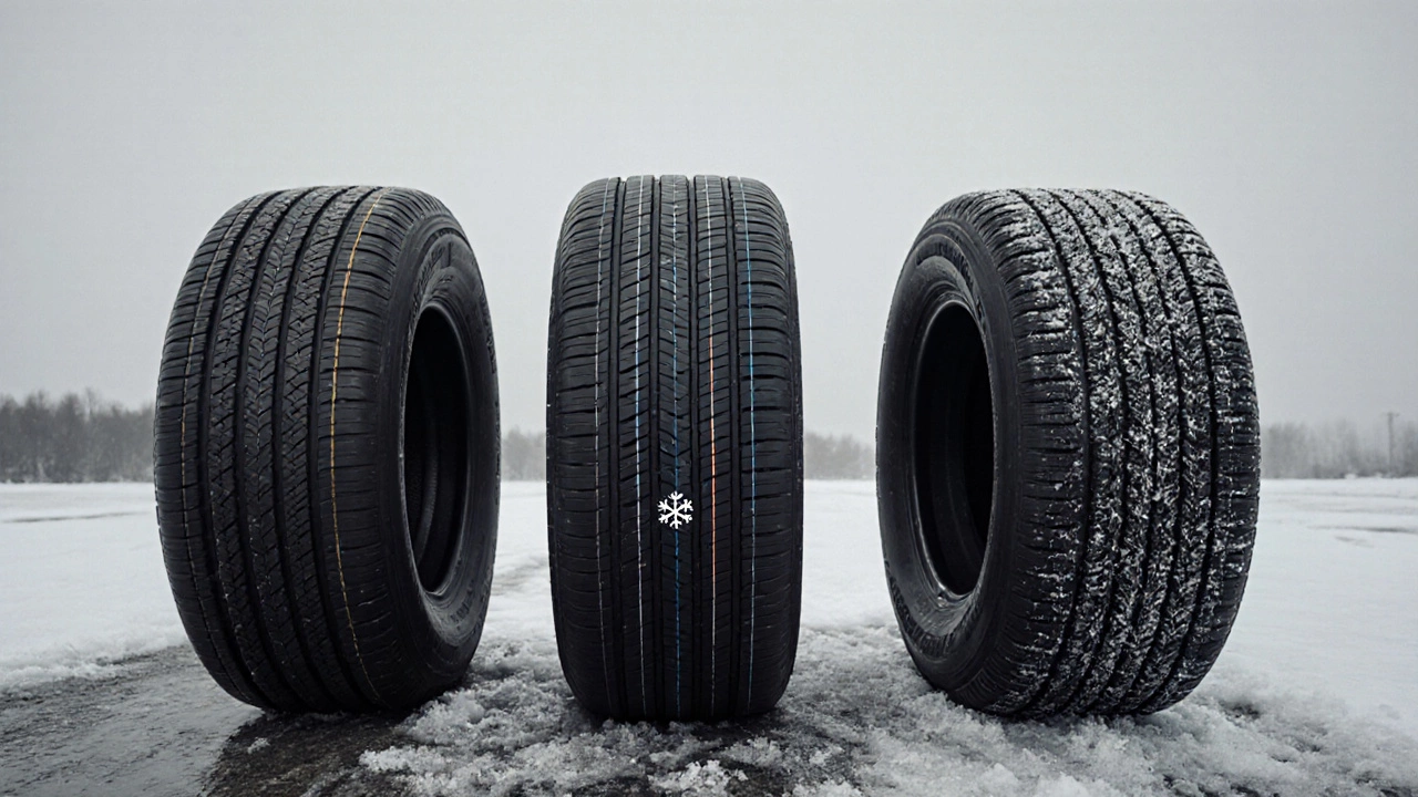 Три шины рядом: летняя, всесезонная и зимняя — видны различия в рисунке протектора и наличии снежинки.