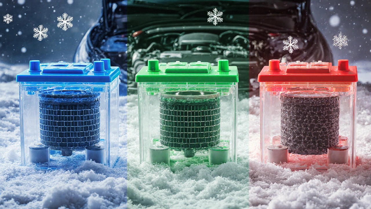 Три типа аккумуляторов — LF, EFB и AGM — с прозрачными корпусами, показывающими внутреннюю структуру.