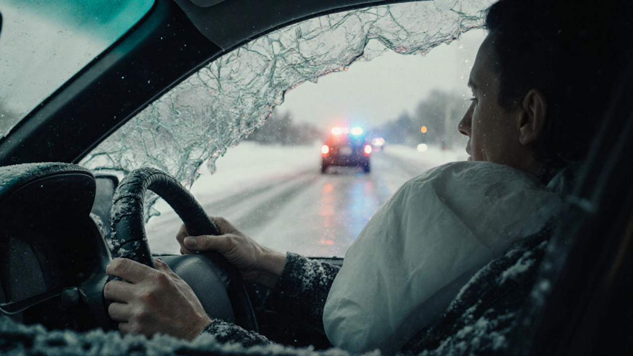 Внутри автомобиля после зимней аварии: разбитое лобовое стекло, снег внутри, видны изношенные шины.