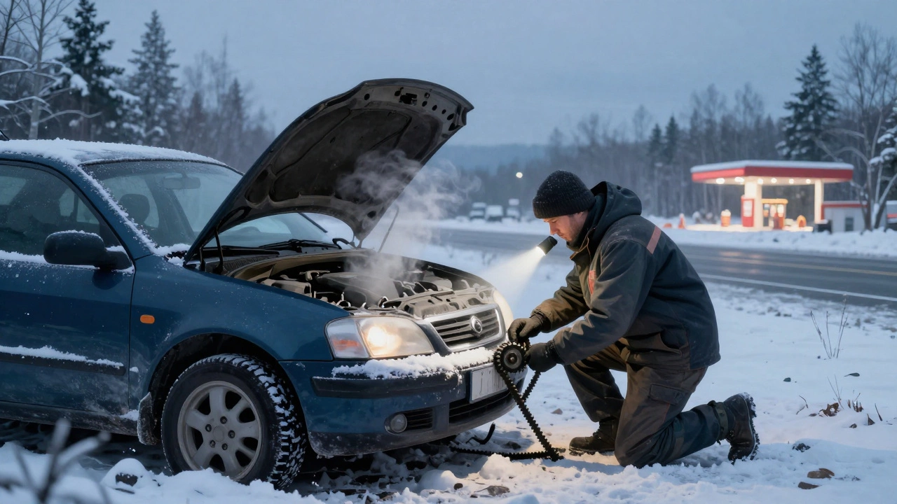 Автомобиль на заснеженной дороге с открытым капотом, механик осматривает сломанный ремень.