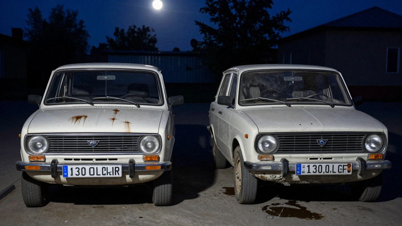 Две одинаковые машины в гараже: одна ухоженная, другая в запущенном состоянии — символ разницы в ресурсе мотора.