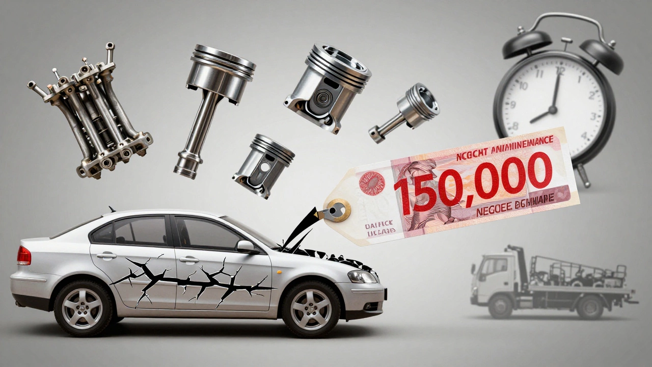 Концептуальное изображение: разрушенный двигатель и цена ремонта, символизирующие последствия пренебрежения обслуживанием.