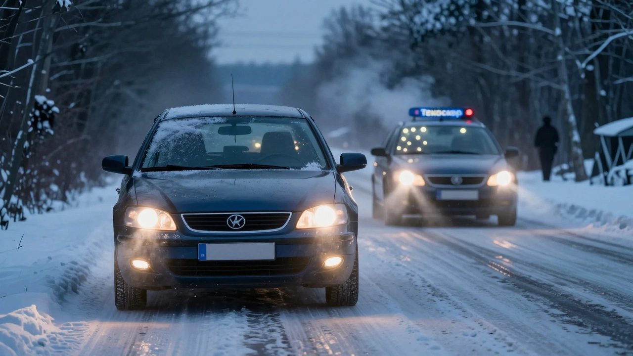 Машина с правильными фарами освещает снежную дорогу, а за ней — машина с неправильными LED-лампами, создающими ослепляющий свет.