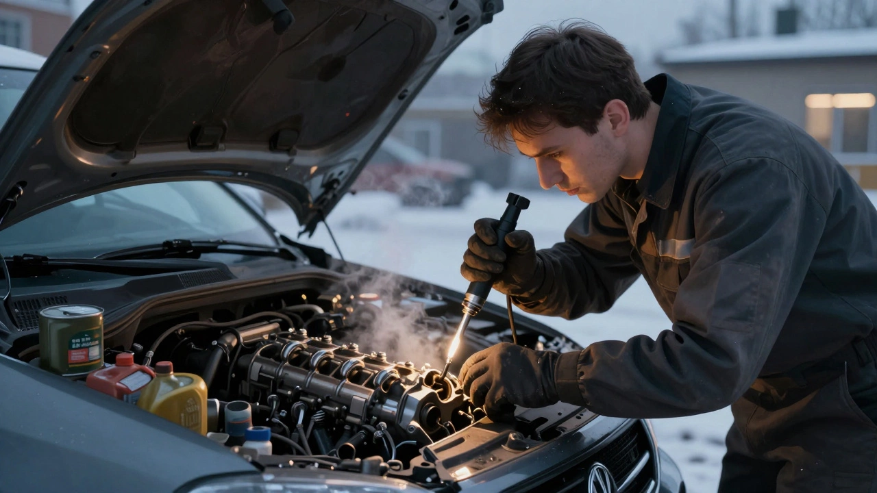 Механик использует эндоскоп для диагностики цилиндра в гараже зимним утром