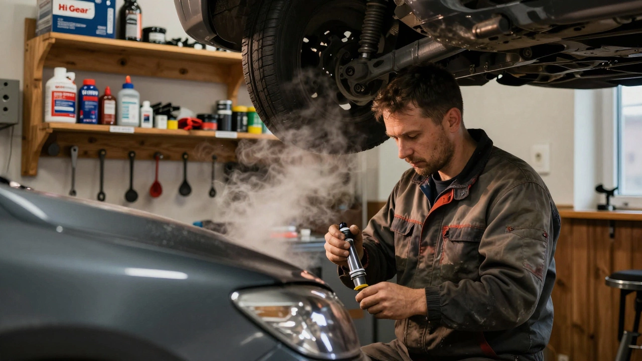 Механик обрабатывает днище автомобиля антикоррозийным составом в автосервисе при тёплом вечернем свете.