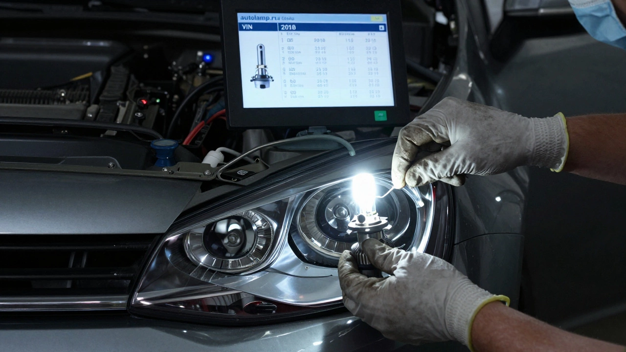 Механик заменяет лампу в фаре, избегая прикосновений к стеклу, на фоне экрана с подбором по VIN.
