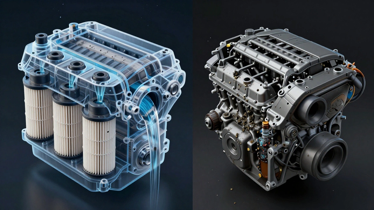 Разрез двигателя: чистое масло и фильтры слева, грязь и вода — справа, показывая последствия пренебрежения.