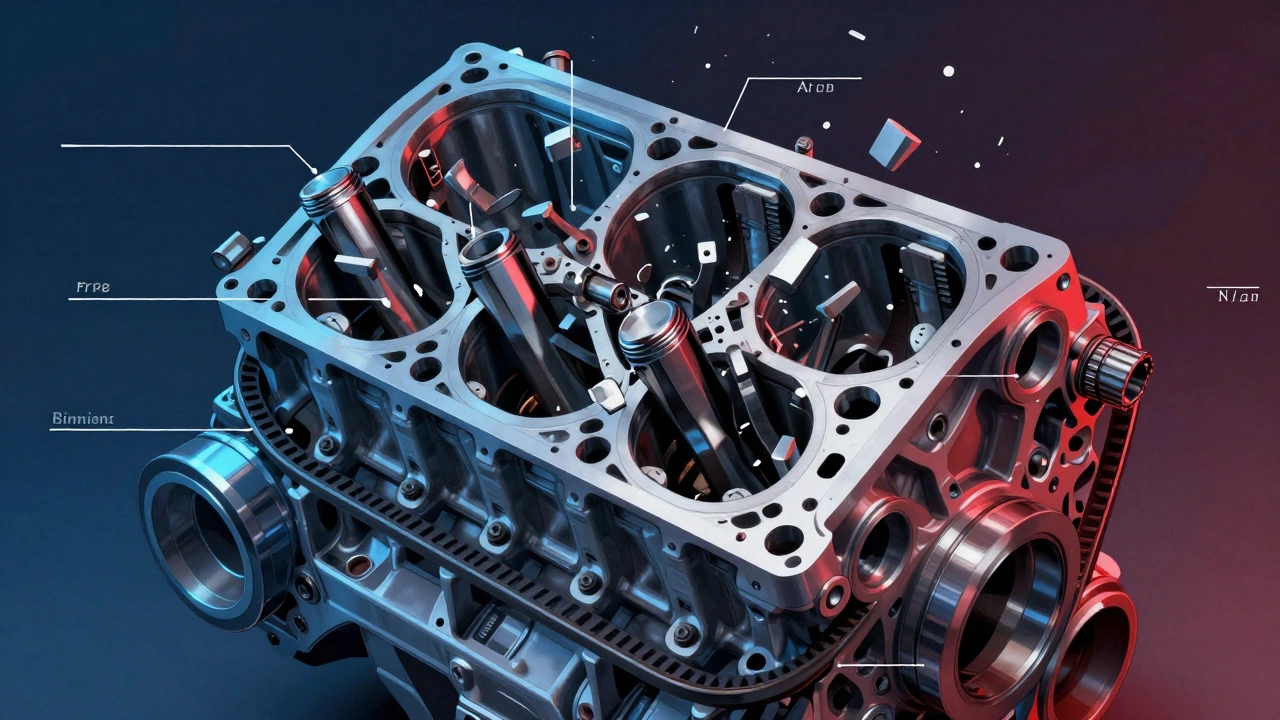 Разрез двигателя: поршень ударяет по согнутому клапану во время обрыва ремня ГРМ.