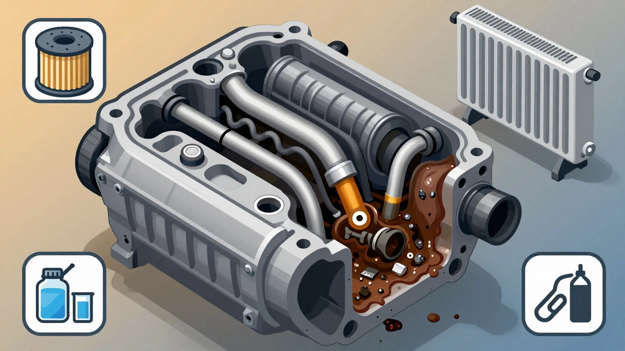 Разрез двигателя с чистыми и забитыми масляными каналами, показывающий последствия ухода.