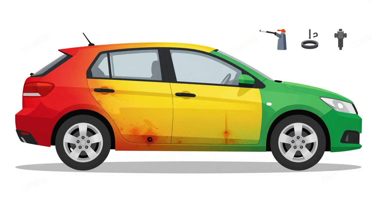 Схематичный профиль автомобиля с цветовыми зонами ржавчины: критические, поверхностные и целые участки.