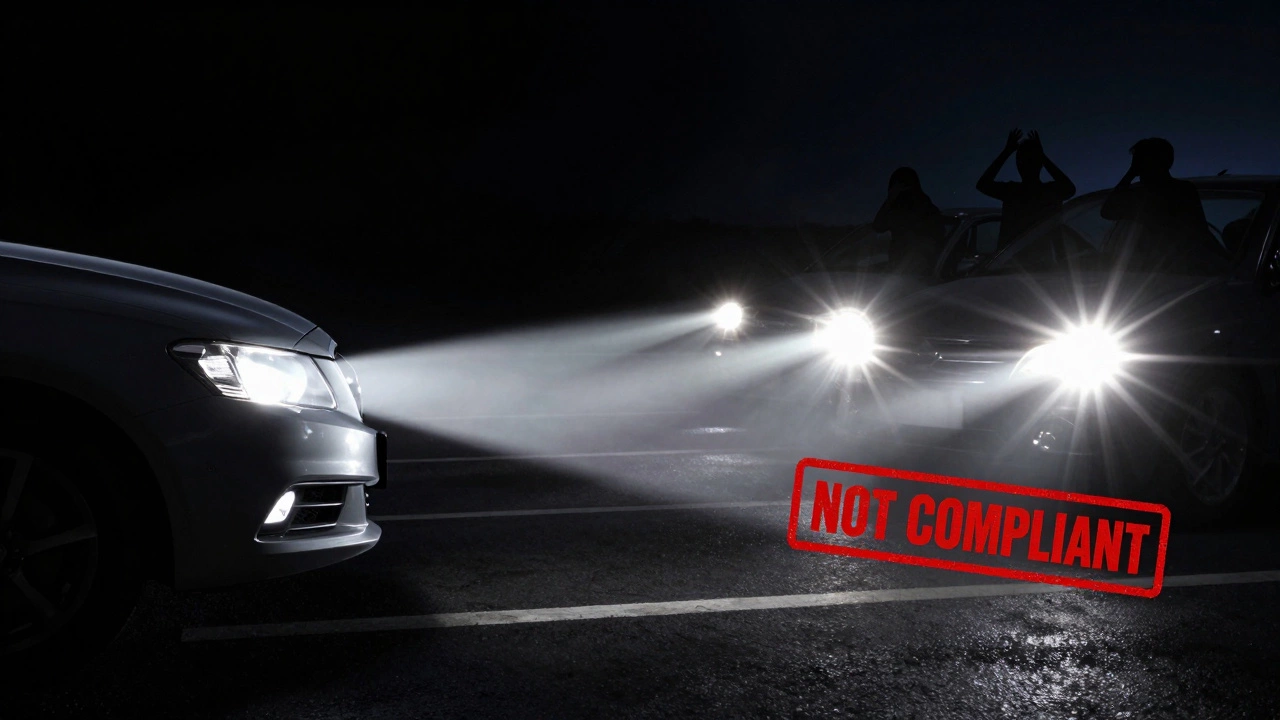 Сравнение правильного и неправильного света фар: четкий пучок и ослепляющий блик в ночи.