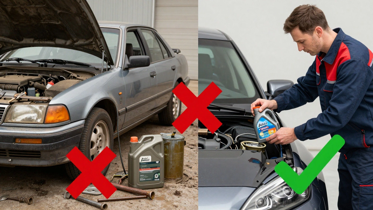 Сравнение старого и современного подхода к замене масла в автомобиле.