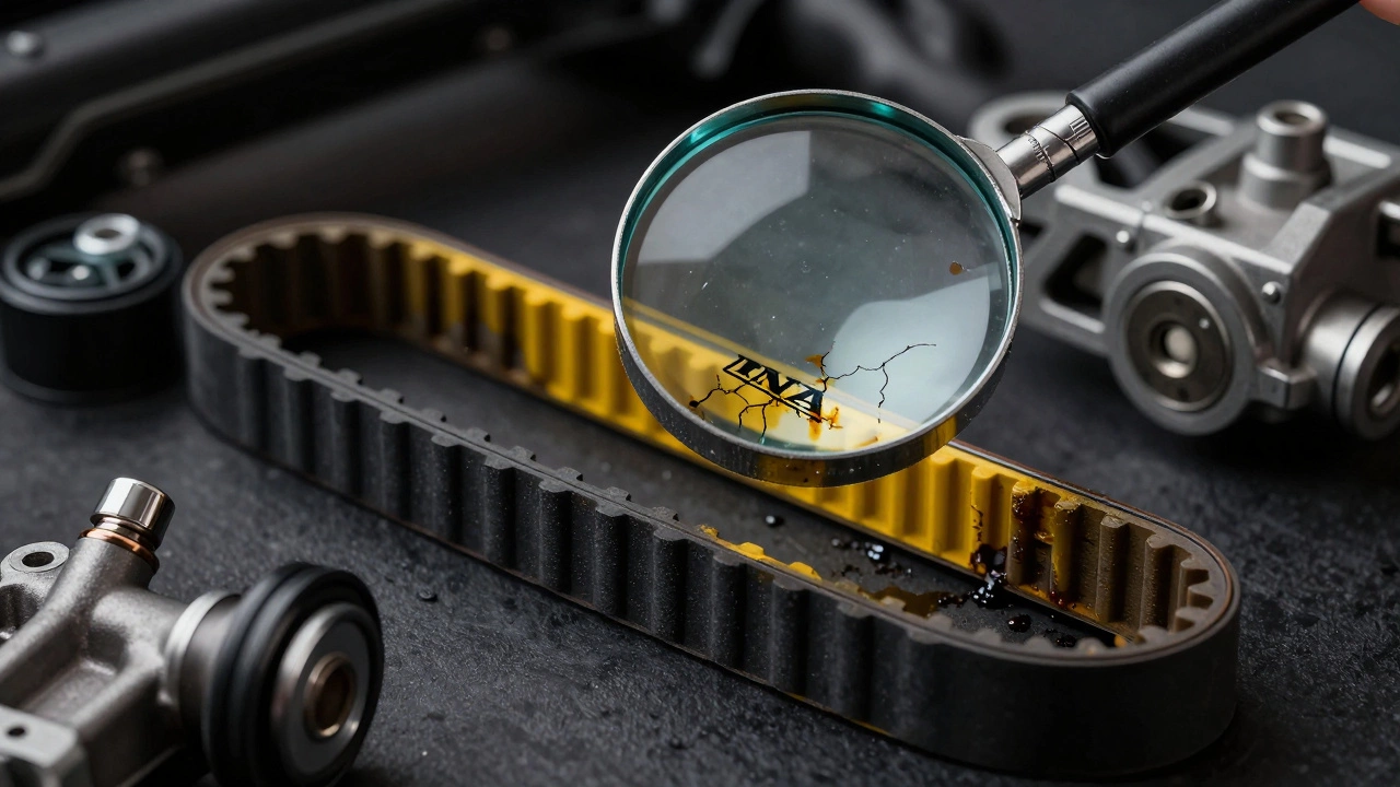 Сравнение старого треснувшего и нового ремня ГРМ с оригинальными роликами.