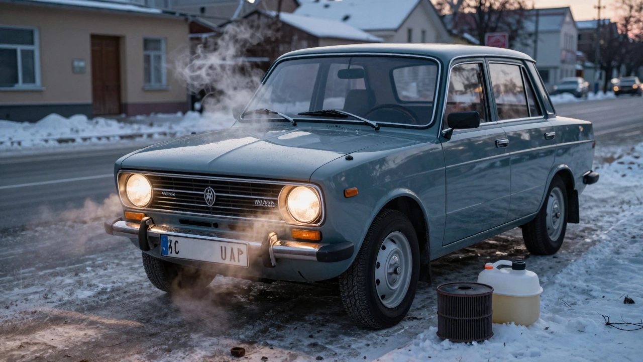 Старая Лада с пробегом 600 000 км на снежной улице с признаками правильного обслуживания.