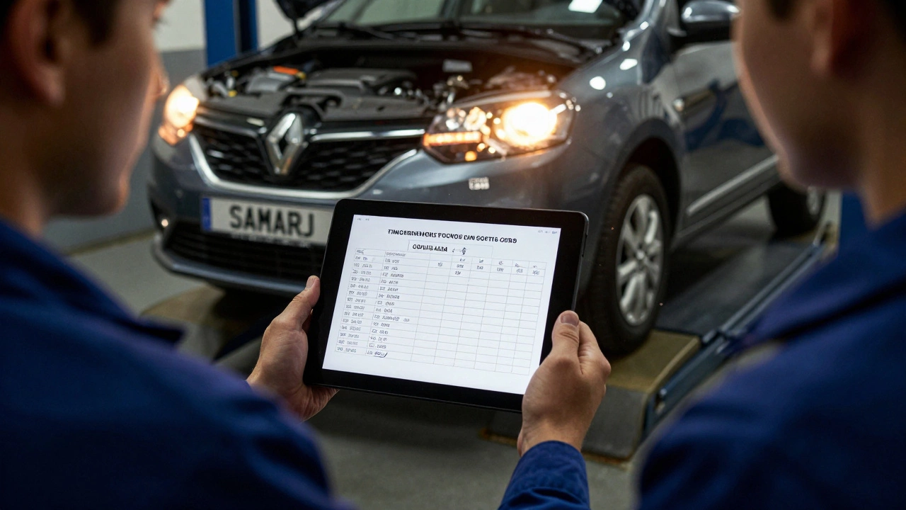 Техник показывает электронную запись о замене ремня ГРМ на планшете в автосервисе.
