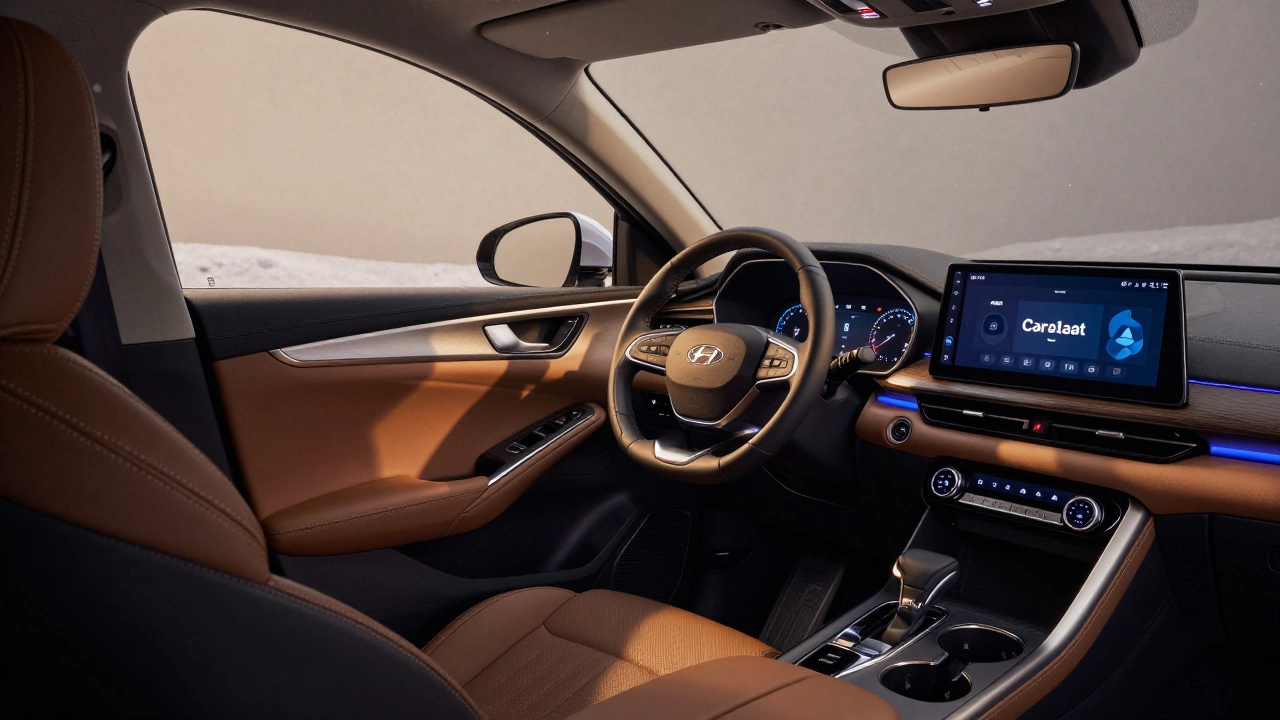 Уютный салон автомобиля с подсветкой, кожаным рулем и мультимедийной системой