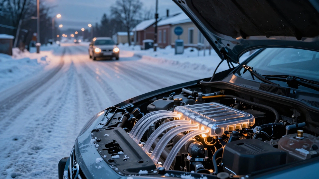 Автомобиль едет по заснеженной дороге в зимней Самаре, внутри двигателя — плавный поток масла, символизирующий надёжную смазку.
